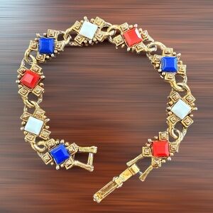 1950s LJM Gold Tone Bracelet with Red, Blue, and White Accents